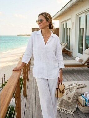 Isaac Mizrahi White Split-Neck 100% Linen Tunic. Size XL